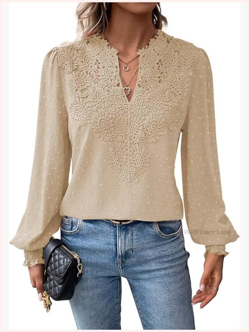 Swiss Dot Boho Long Sleeve V Neck Blouse Flowy Lace Trim Peasant Top